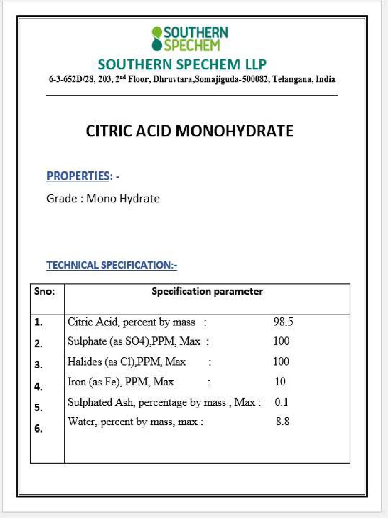 Citric acid monohydrate SSLLP PDF