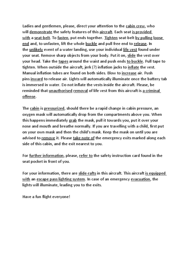 In-Flight Safety Demonstration Script | PDF