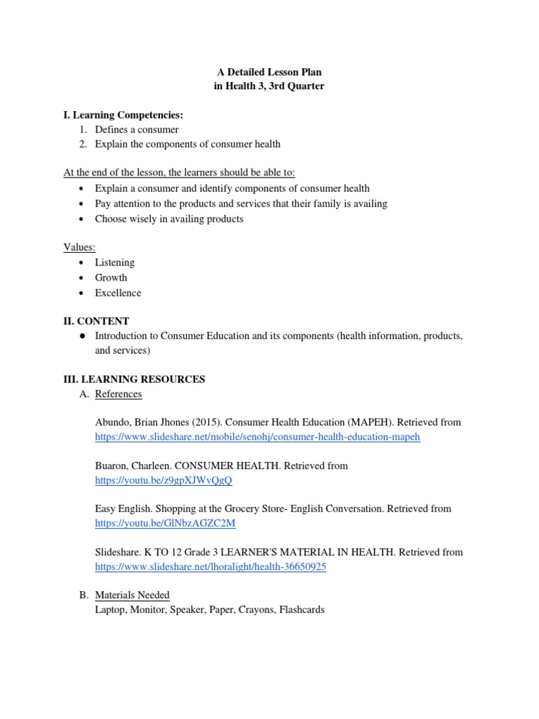 Health Consumer Education Lesson Plan | PDF | Learning | Human ...