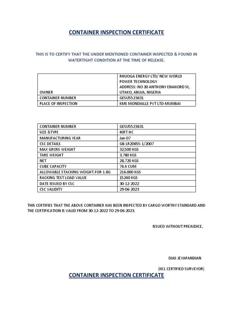 Container Inspection Certificate 2023 | PDF