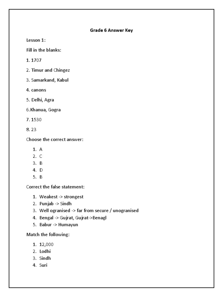 Grade 6 History Booklet 2nd Term Answer Key | PDF | Mughal Empire