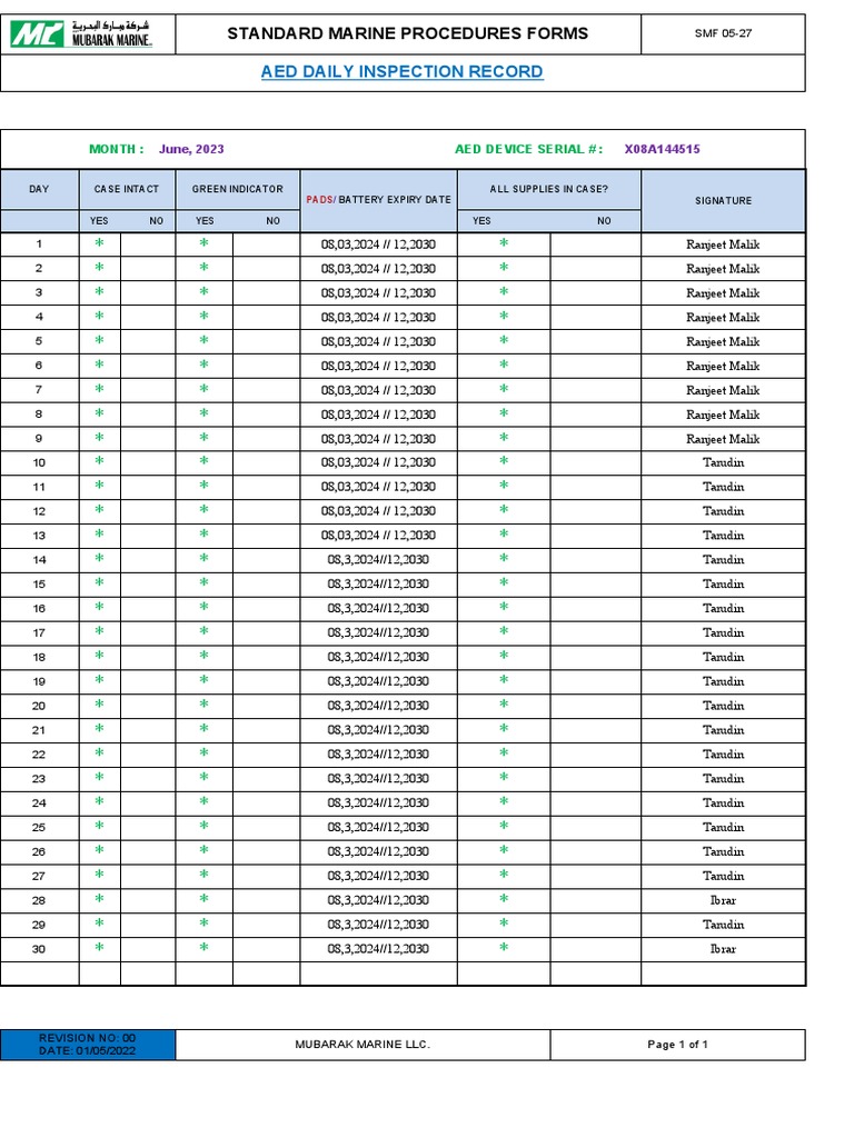 AED Hospital Daily Inspection Record June 2023 PDF