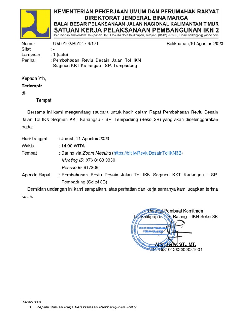 Undangan Pembahasan Reviu Desain Jalan Tol IKN Segmen KKT Kariangau