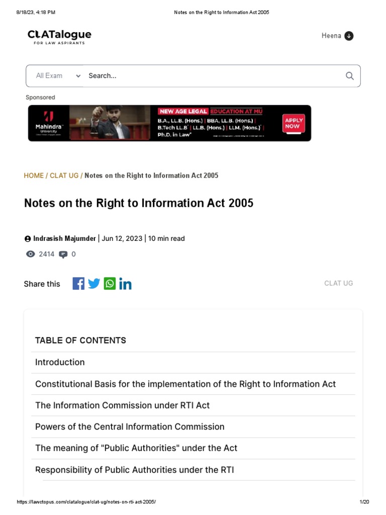 Notes On The Right To Information Act 2005 Pdf Supreme Court Of