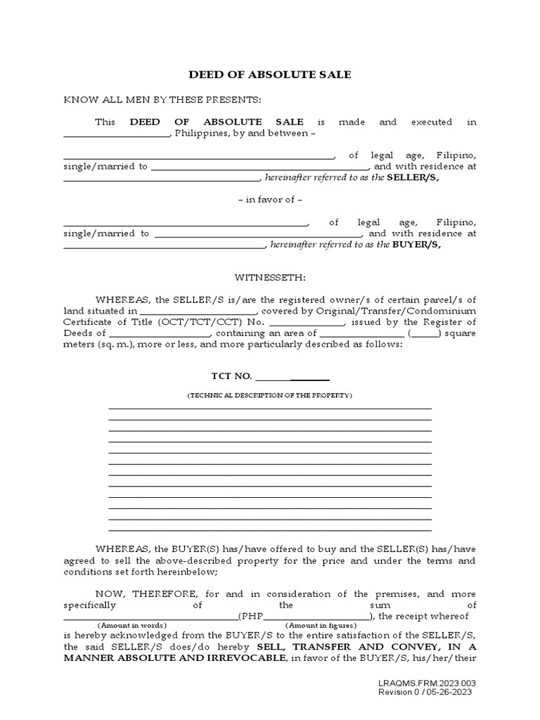 Deed of Absolute Sale Template Philippines | PDF | Sales | Deed