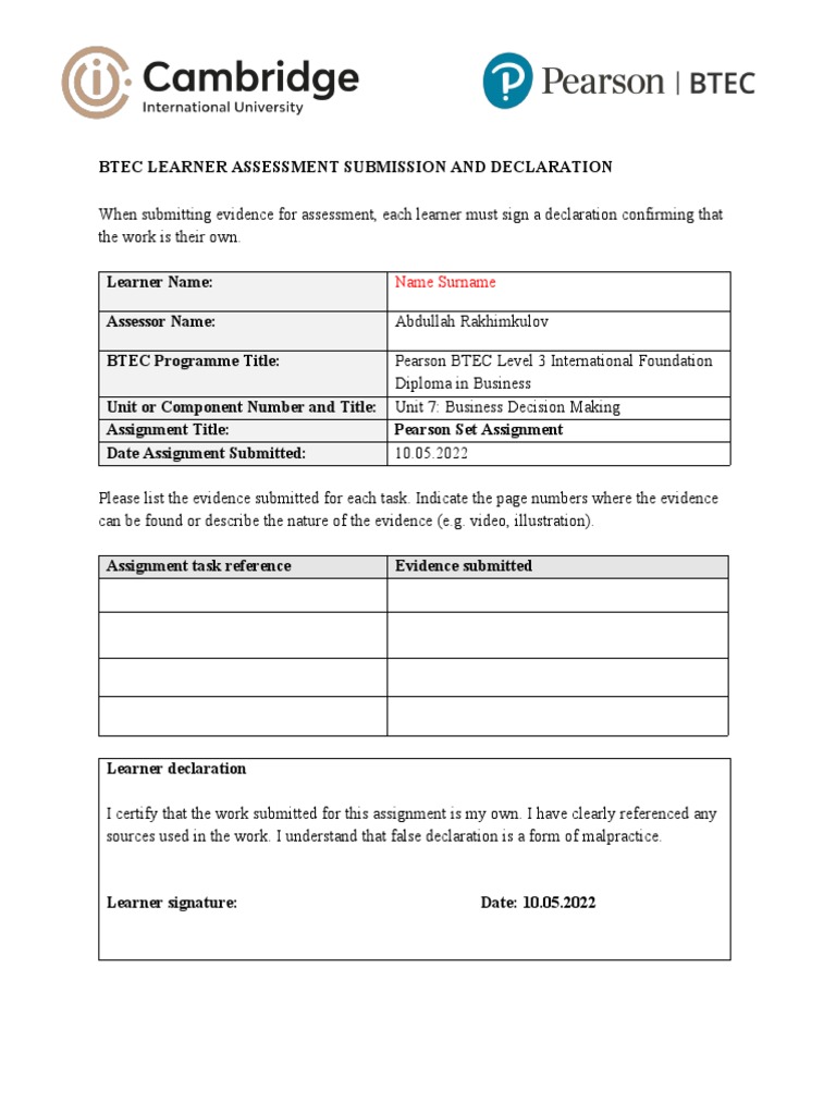 Business - Decision - Making - PSA - Assignment (Template) - 1 | PDF