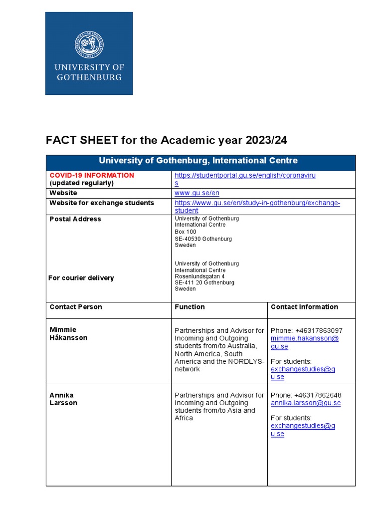 FACT SHEET - University of Gothenburg - 2023-2024 | PDF | Cost Of Living |  Travel Visa