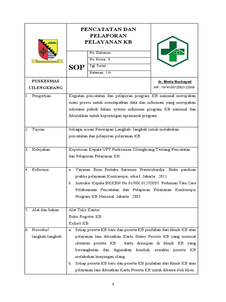 SOP Pencatatan Dan Pelaporan Pelayanan KB | PDF