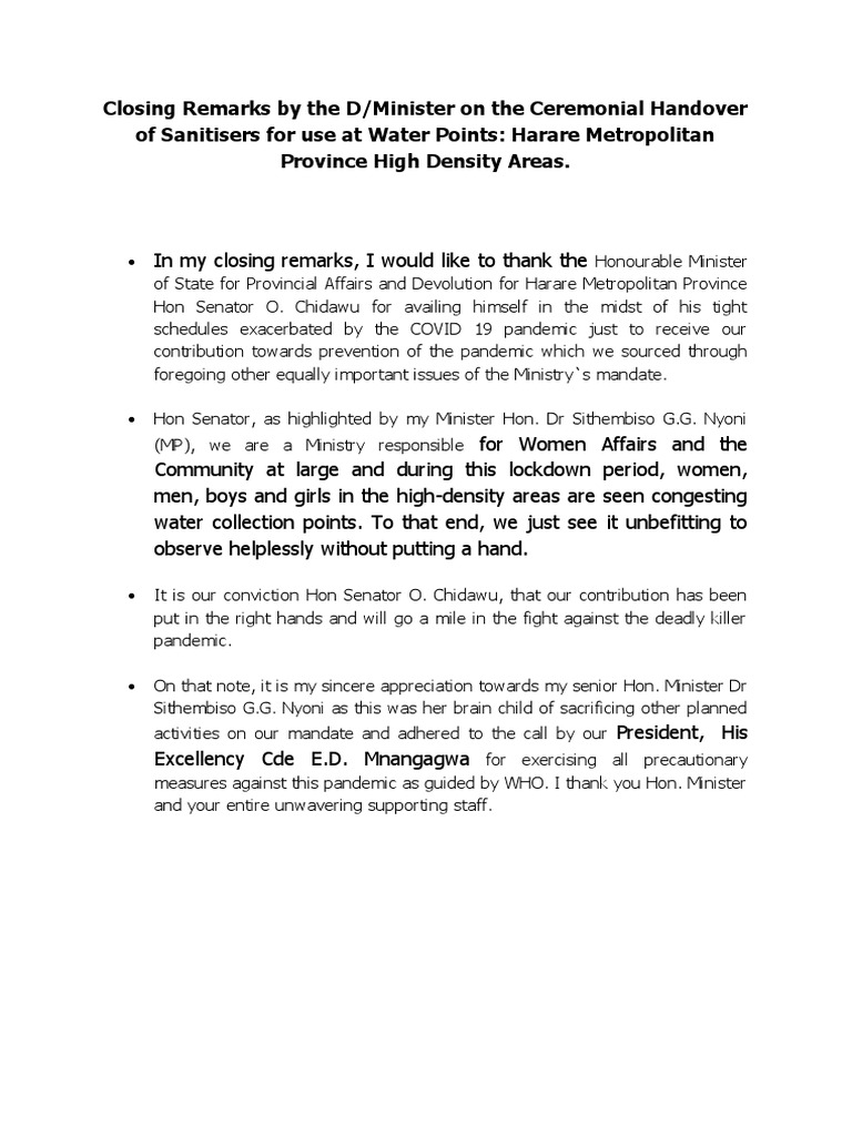 Minister's Closing Remarks on Sanitiser Handover | PDF | Social Science