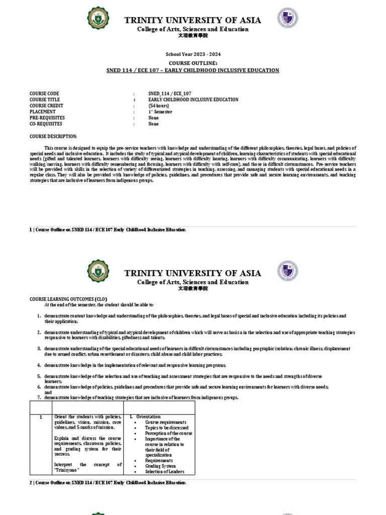 SNEd 114 ECE 107 Course Outline Early Childhood Inclusive Education ...