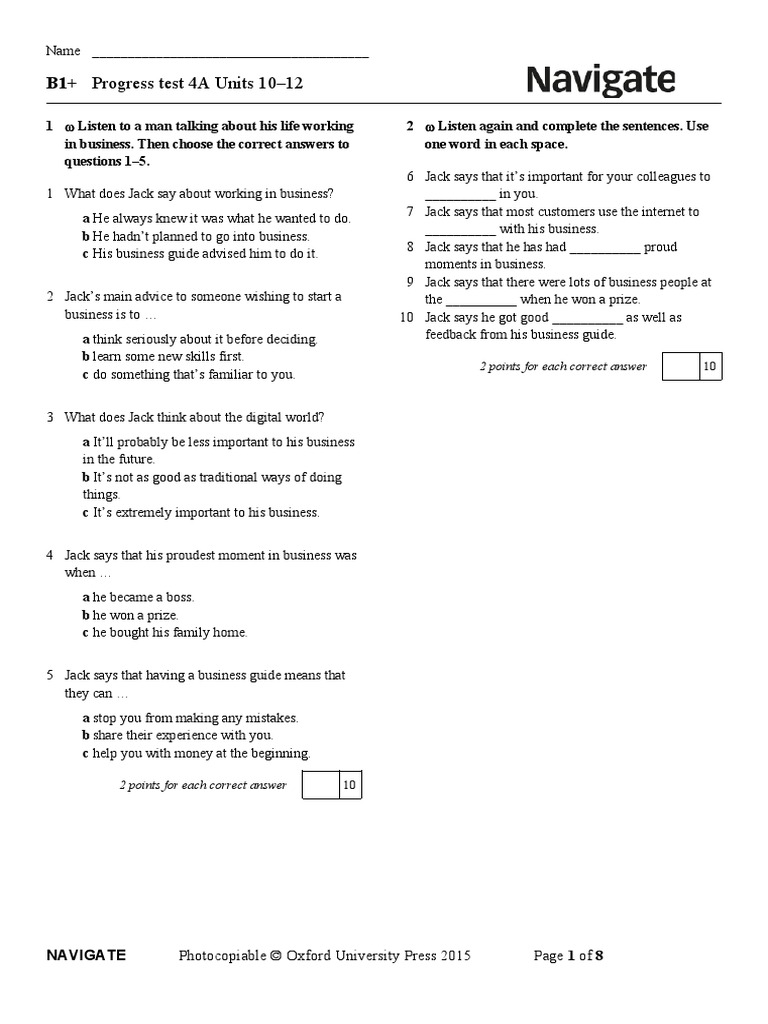 Navigate B1+ Progress Test 4A (Units 1012) PDF