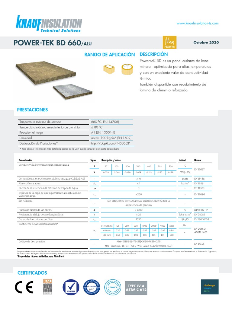Ficha Tecnica Lana Mineral de Roca - Panel d100 - Power-Tek BD 660 | PDF