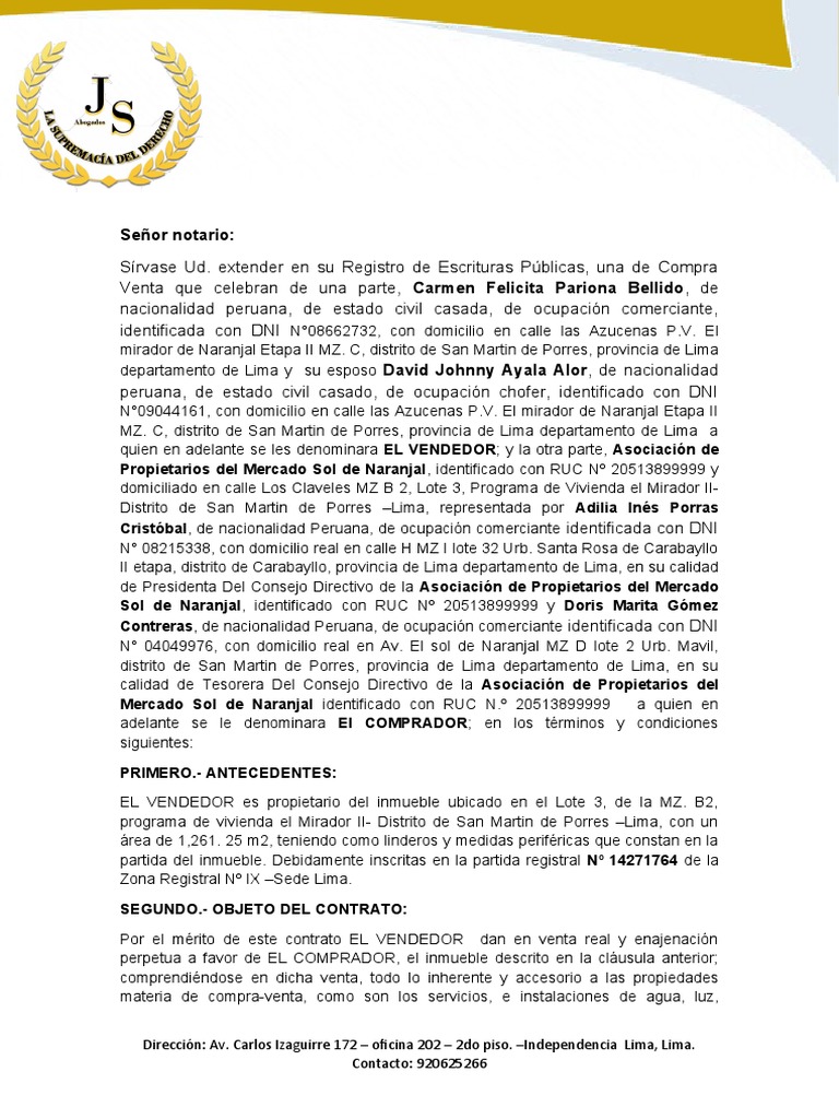 Minuta De Compra Y Venta Nuevo 4 Pdf Lima Derecho Privado