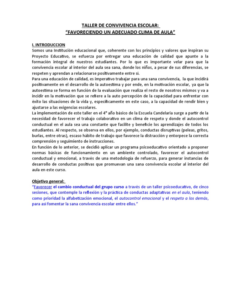 Taller de Convivencia Escolar Integral | PDF | Las emociones | Salón de ...
