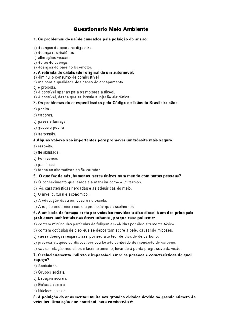 Questionário sobre Poluição e Trânsito | PDF