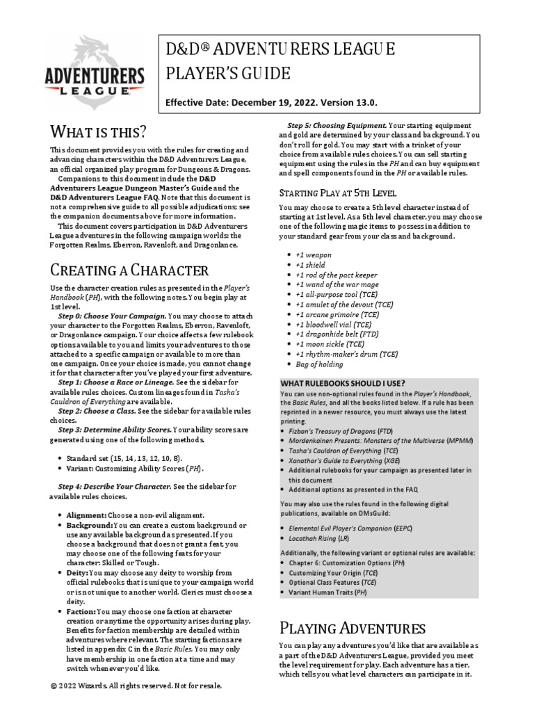 Adventurers League Player-S Guide | PDF