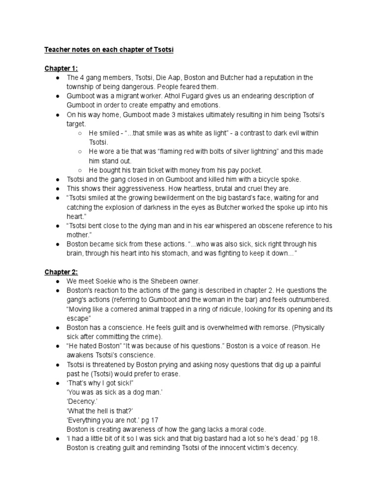 Tsotsi Chapter Summaries and Analysis | PDF
