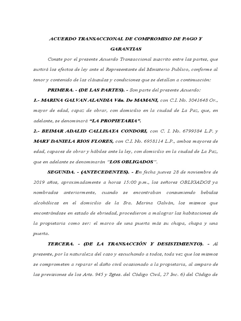 Acuerdo transaccional de compromiso de pago y garantias mary rios pdf