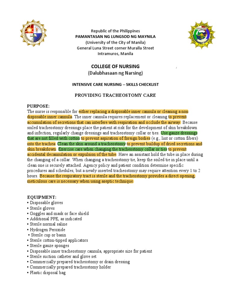 Providing Tracheostomy Checklist Rationale Clinical Instructor 1 PDF