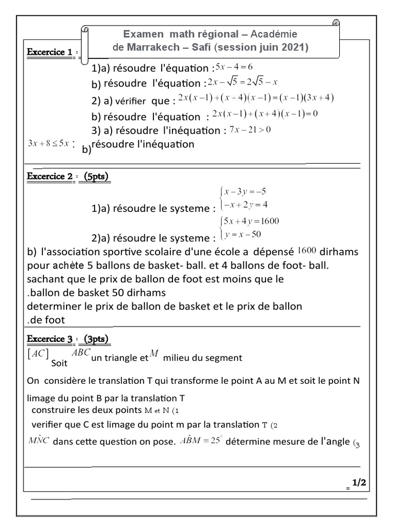 EXAMENS REGI MATH Marrek Safi TROISIEME ANNEE College 2021 1 PDF