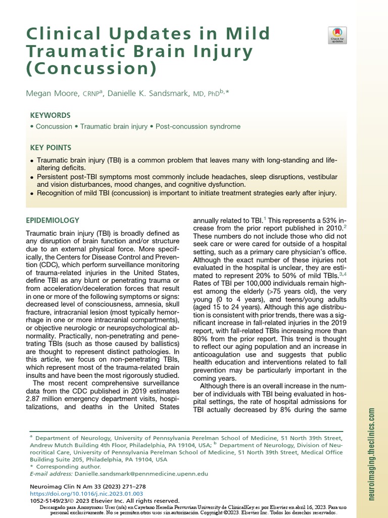 Clinical Updates In Mild Traumatic Brain Injury Concussion Pdf