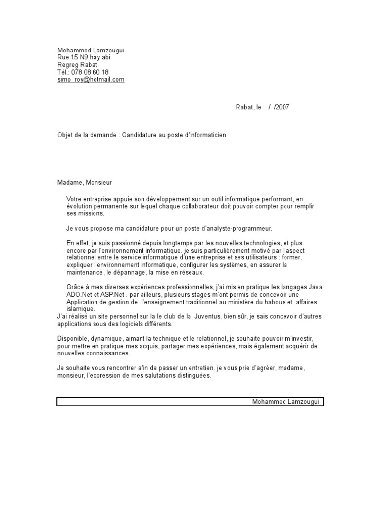 Lettre de Motivation Informaticien