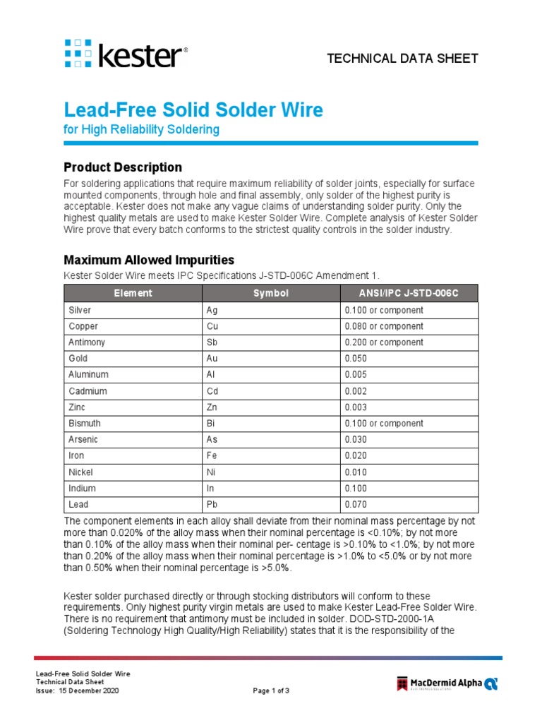 Kester Lead Free Solder Wire Datasheet PDF