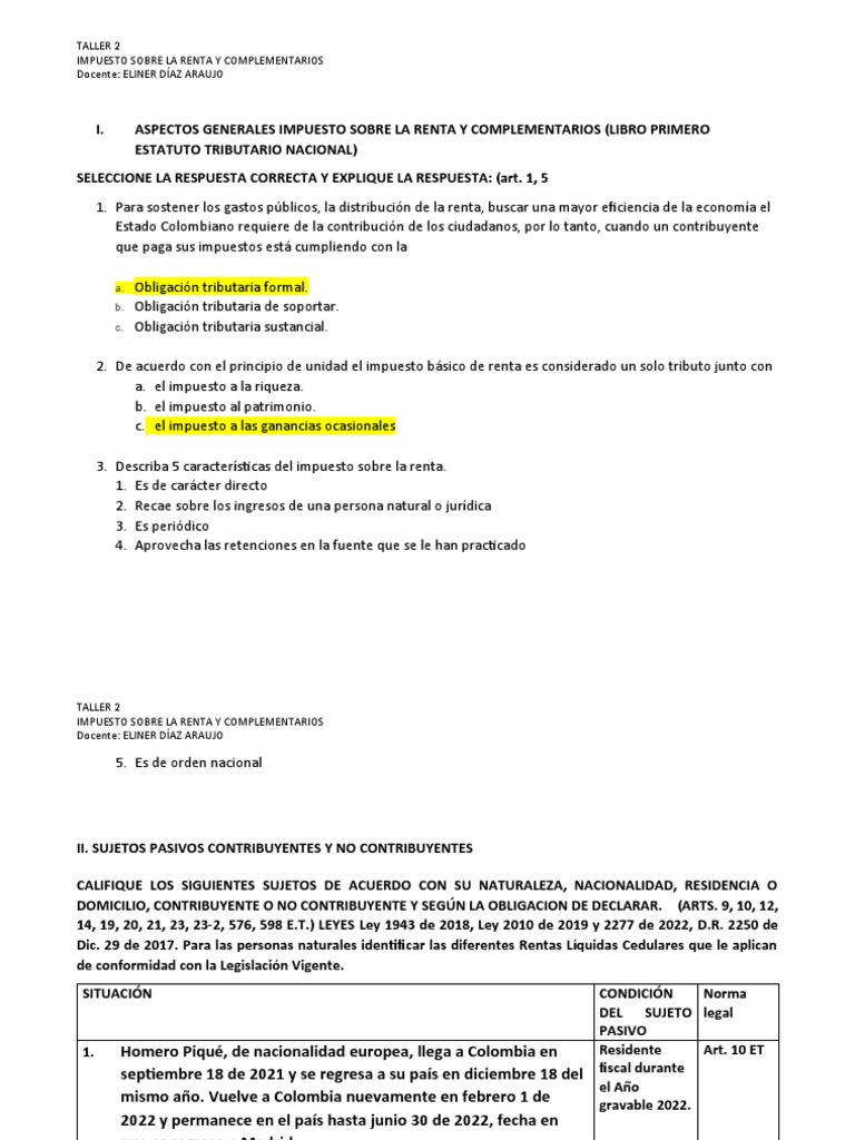 Taller sobre Impuesto de Renta en Colombia | PDF | Impuestos | Impuesto ...