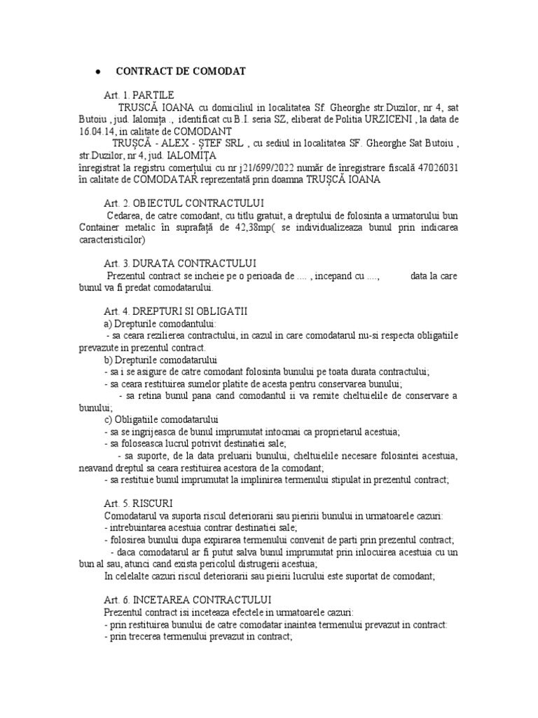 contract de comodat | PDF