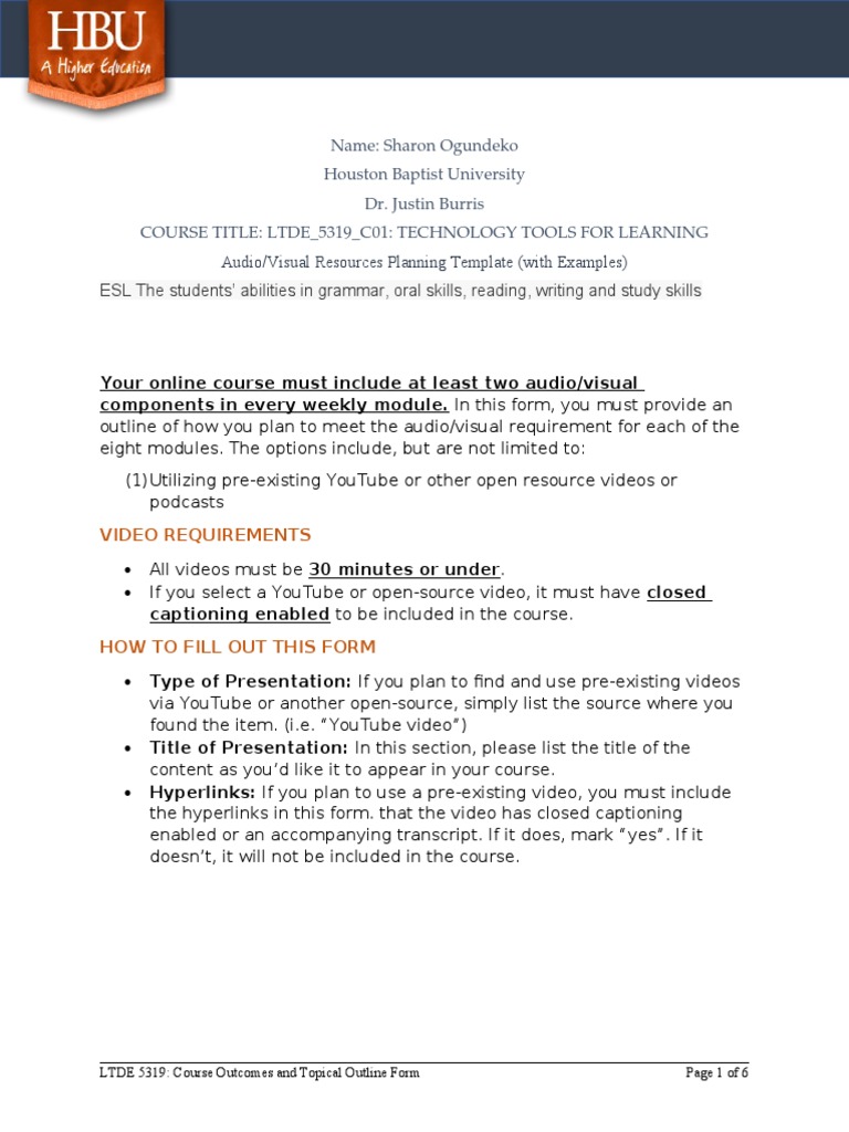 Audio Visual Resources Planning Template Sharon PDF