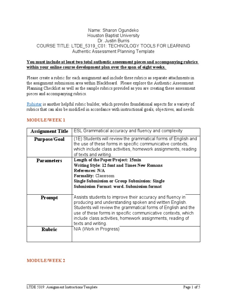 Authentic Assessment Planning Template - Sharon Ogundeko | PDF | Rubric ...
