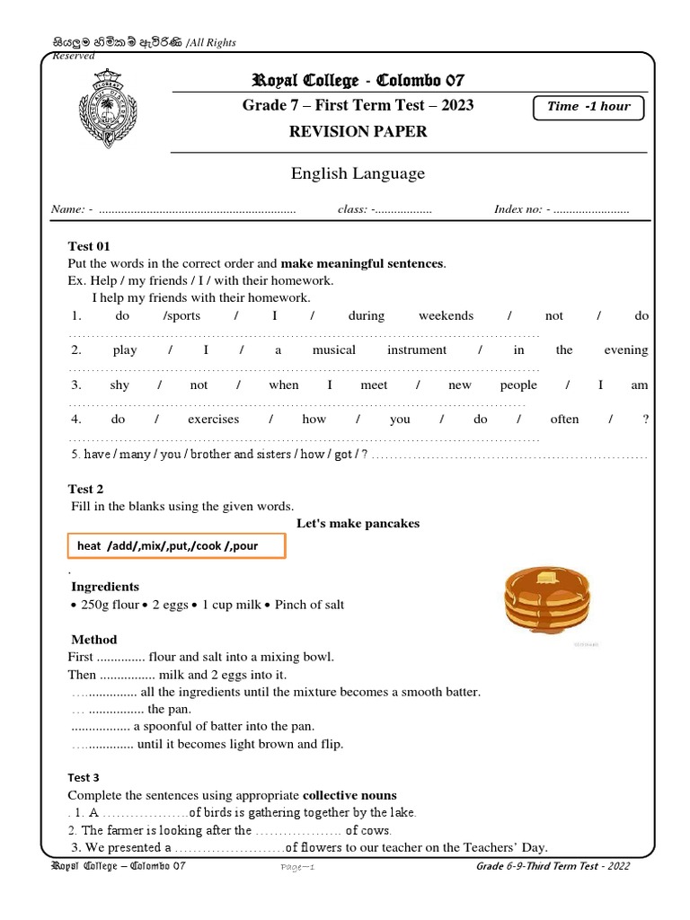 Grade 7 English Revision Paper | PDF