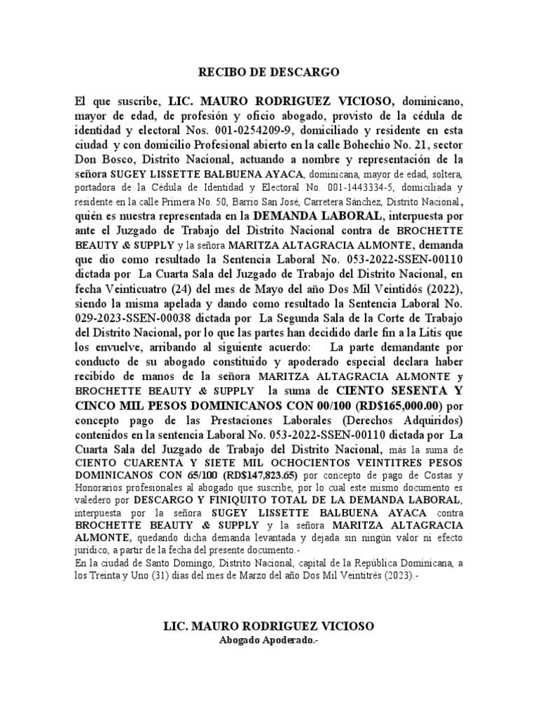 Recibo de Descargo Laboral | PDF | República Dominicana | Gobierno