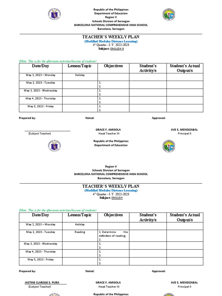 Teachers Weekly Plan Template | PDF