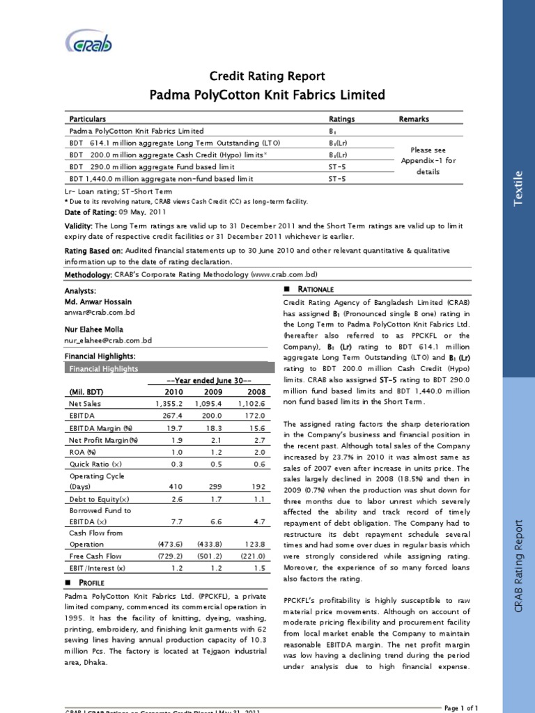 Padma PolyCotton Knit Fabrics Limited 2011 PDF Loans Credit Risk
