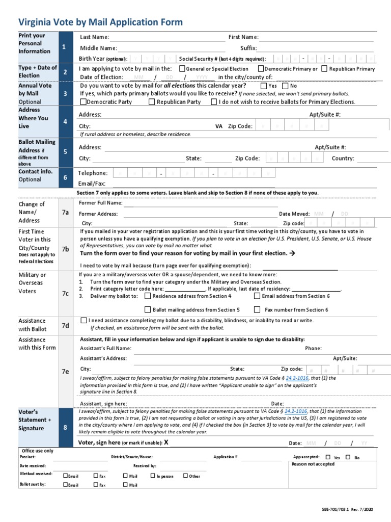 Virginia Vote by Mail Application Form | PDF | Postal Voting | Voter ...