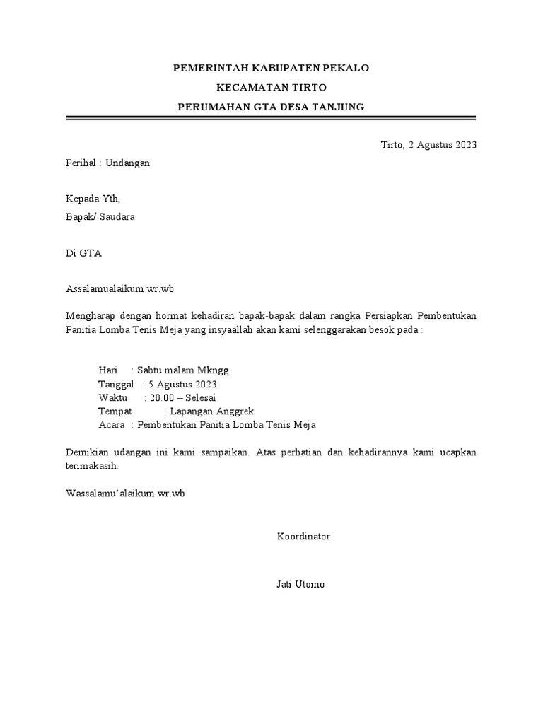 Contoh Surat Undangan Rapat RT Sederhana | PDF