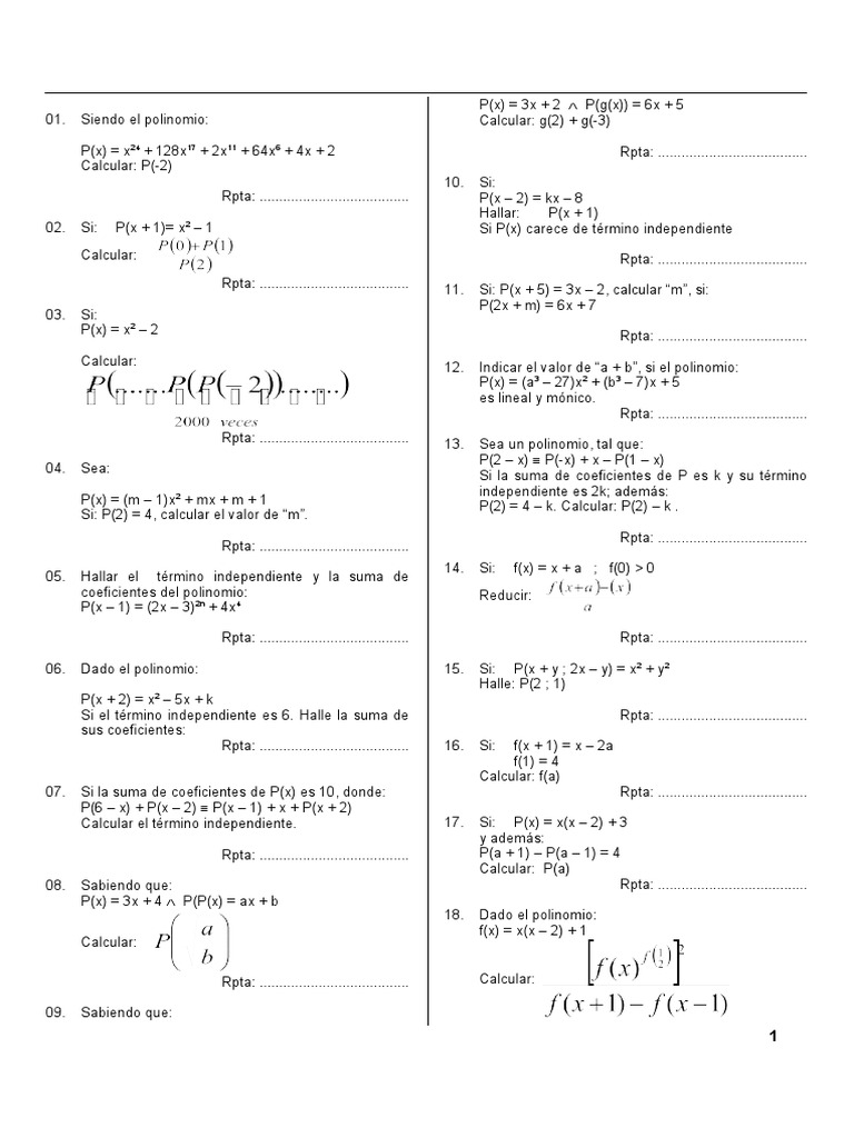 Polinomios Valor Numerico | Descargar gratis PDF | Matemáticas ...