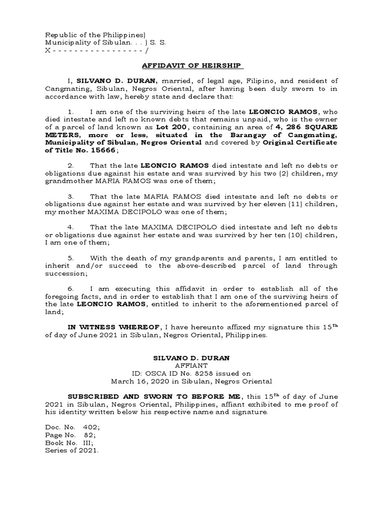 Affidavit of Heirship for Land Inheritance | PDF
