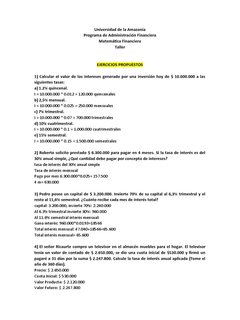Taller Matematicas Financiera - Ejercicios para Resolver | PDF