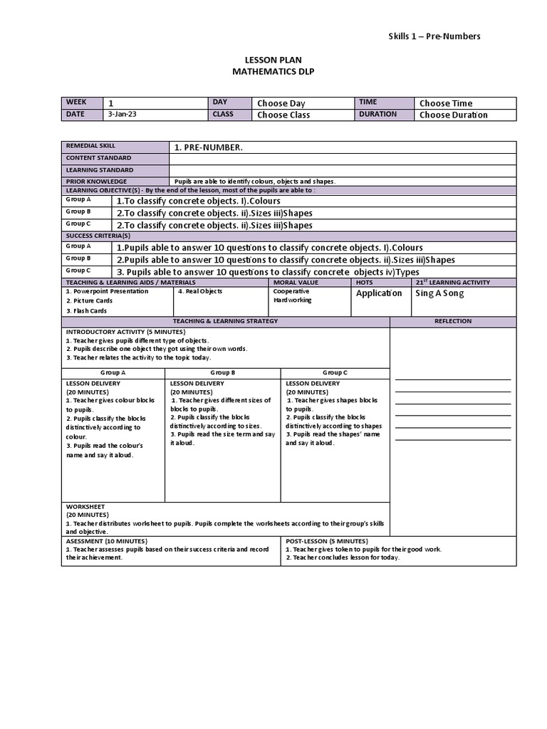 Pre-Number Skills Lesson Plan | PDF | Lesson Plan | Teachers