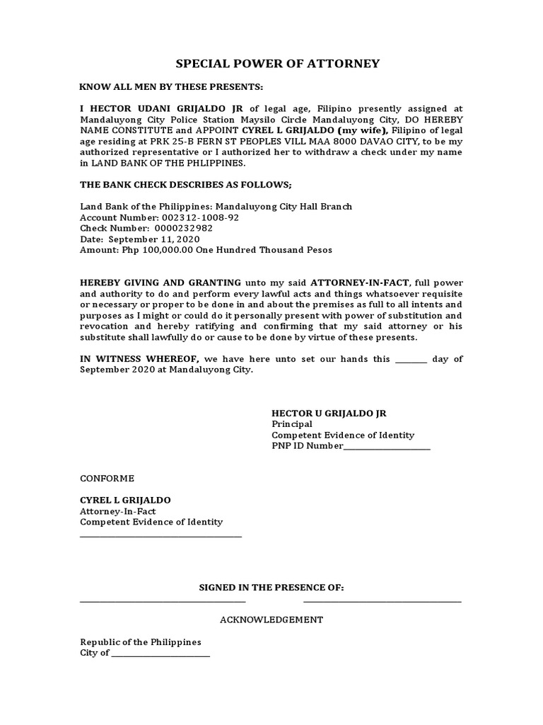 Special Power of Attorney PDF Power Of Attorney Philippines