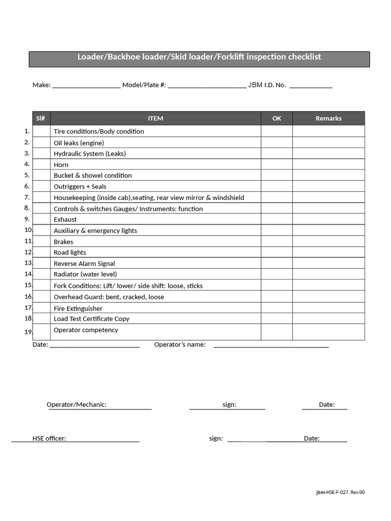 F027LoaderBackhoe LoaderSkid Loader Inspection Checklist PDF