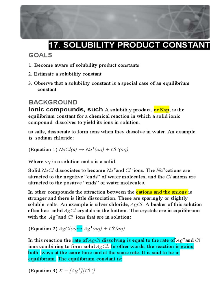 Answer Key Solubility Product Constant Lab Handout PDF Chloride