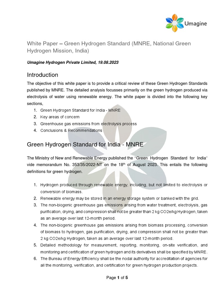 White Paper - Green Hydrogen Standard India | PDF