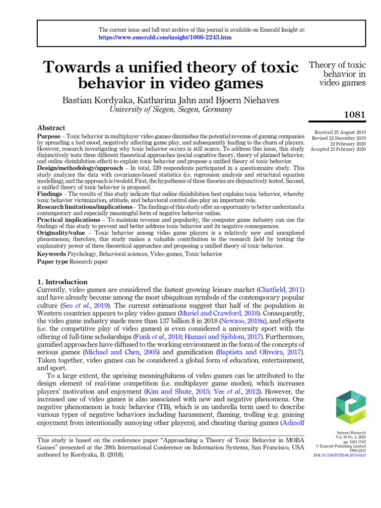 Towards A Unified Theory of Toxic Behavior in Video Games | PDF