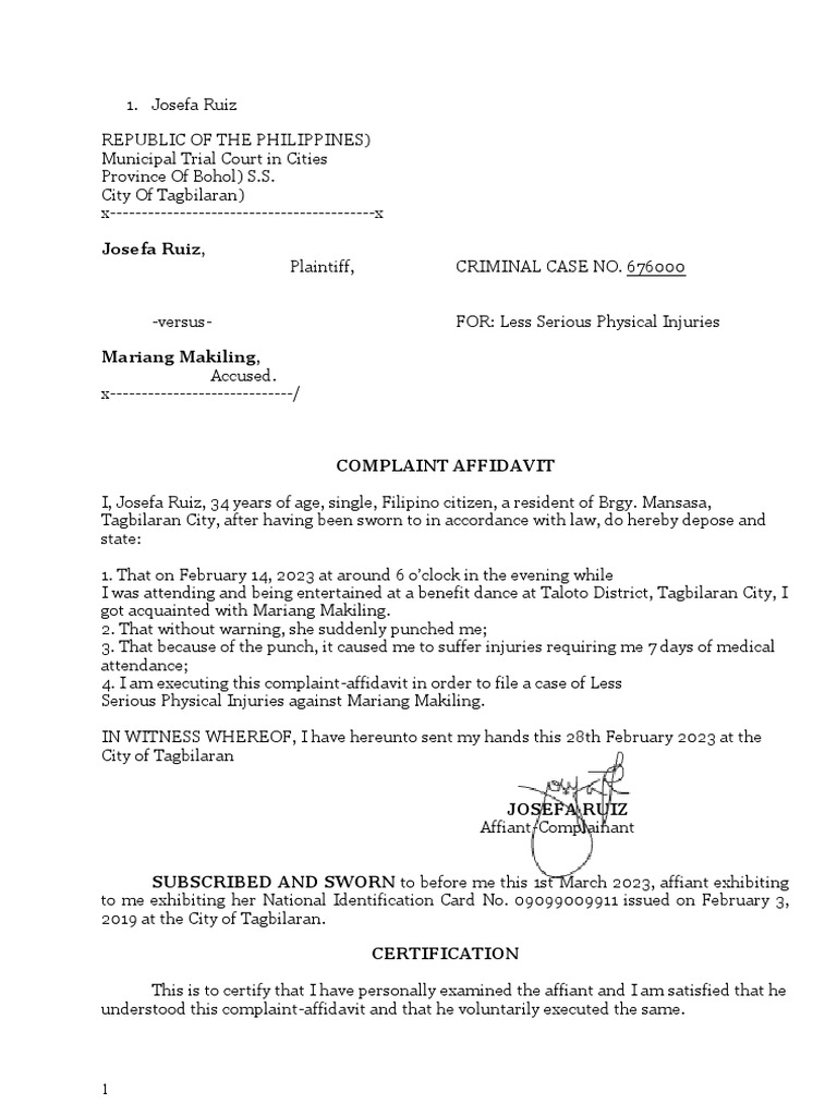 Sample Complaint Affidavit Format | PDF | Prosecutor | Affidavit