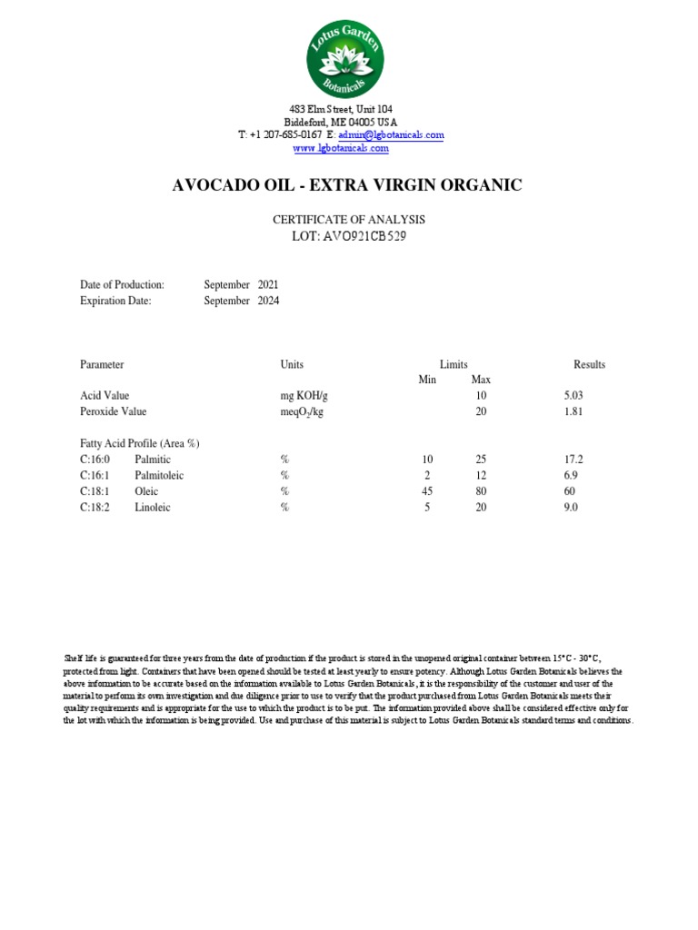 Certificate of Analysis AVOCADO OIL Virgin Organic AVO921CB529 | PDF