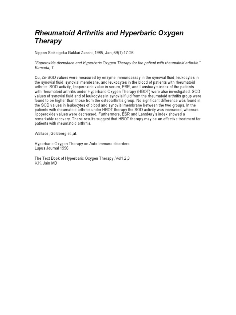 Rheumatoid Arthritis and Hyperbaric Oxygen Therapy PDF