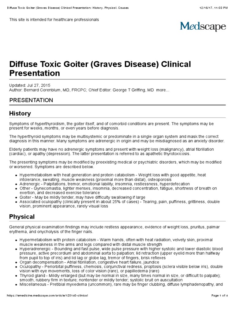 Diffuse Toxic Goiter (Graves Disease) Clinical Presentation History, Physical, Causes PDF